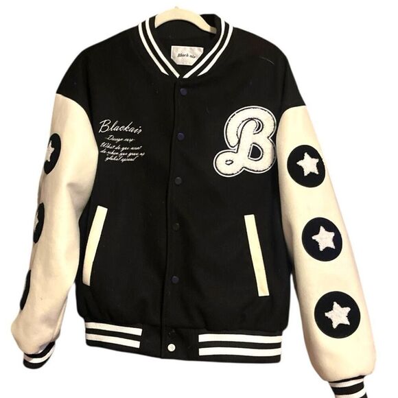 Black Air Varsity Letterman Jacket Black & White Better With Fries Preowned - Picture 1 of 5